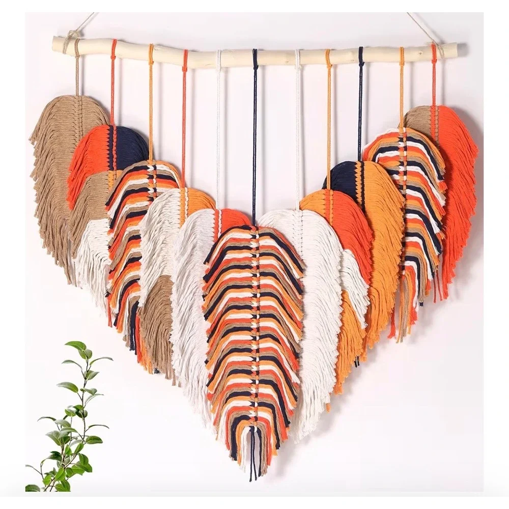 Large Macrame Feather Wall Hanging Boho Hand Woven Cotton Wood Branch 31x31